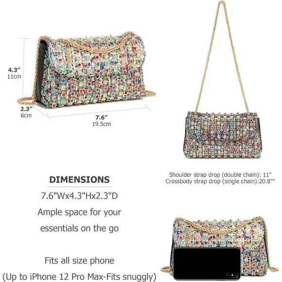 ⚡Women's Multi Rhinestones Chain Shoulder Sparkly Cocktail Clutch Party Prom Bag - Picture 3 of 6